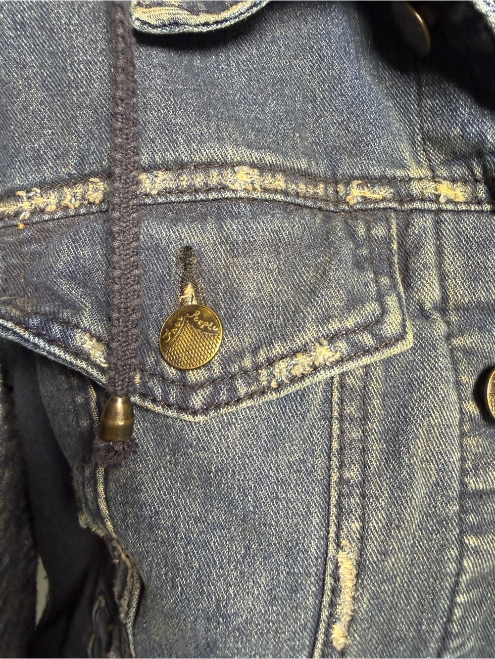 Free People Distressed Denim Jean Jacket W/ Knit Sleeves & Hood - Picture 9 of 13